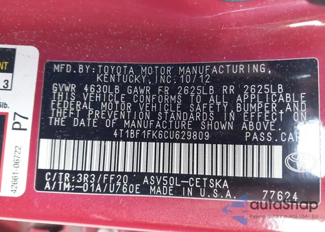 2012 Toyota Camry Se from USA, damaged, VIN 4T1BF1FK6CU629809